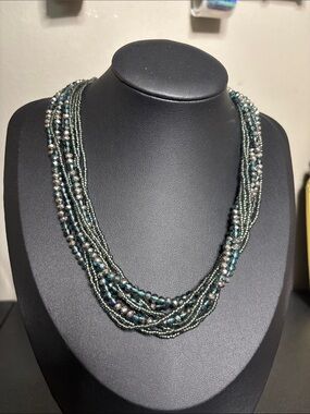 Premier Designs Glass Multi-Strand Teal and Silver Beaded Necklace